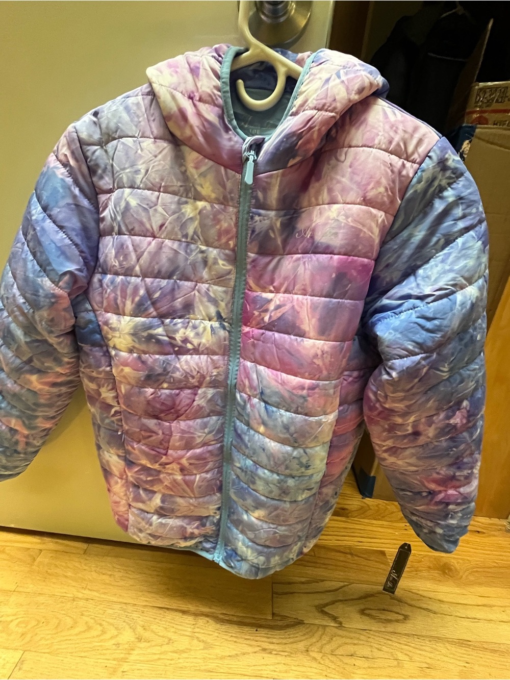 Kids Tie-Dye Puffer Jacket with Hood - Pink & Purple
